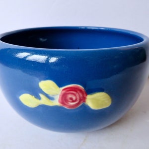 Vintage Coors Rosebud Pottery Bowl, Dark Blue Bean Pot - 1930s