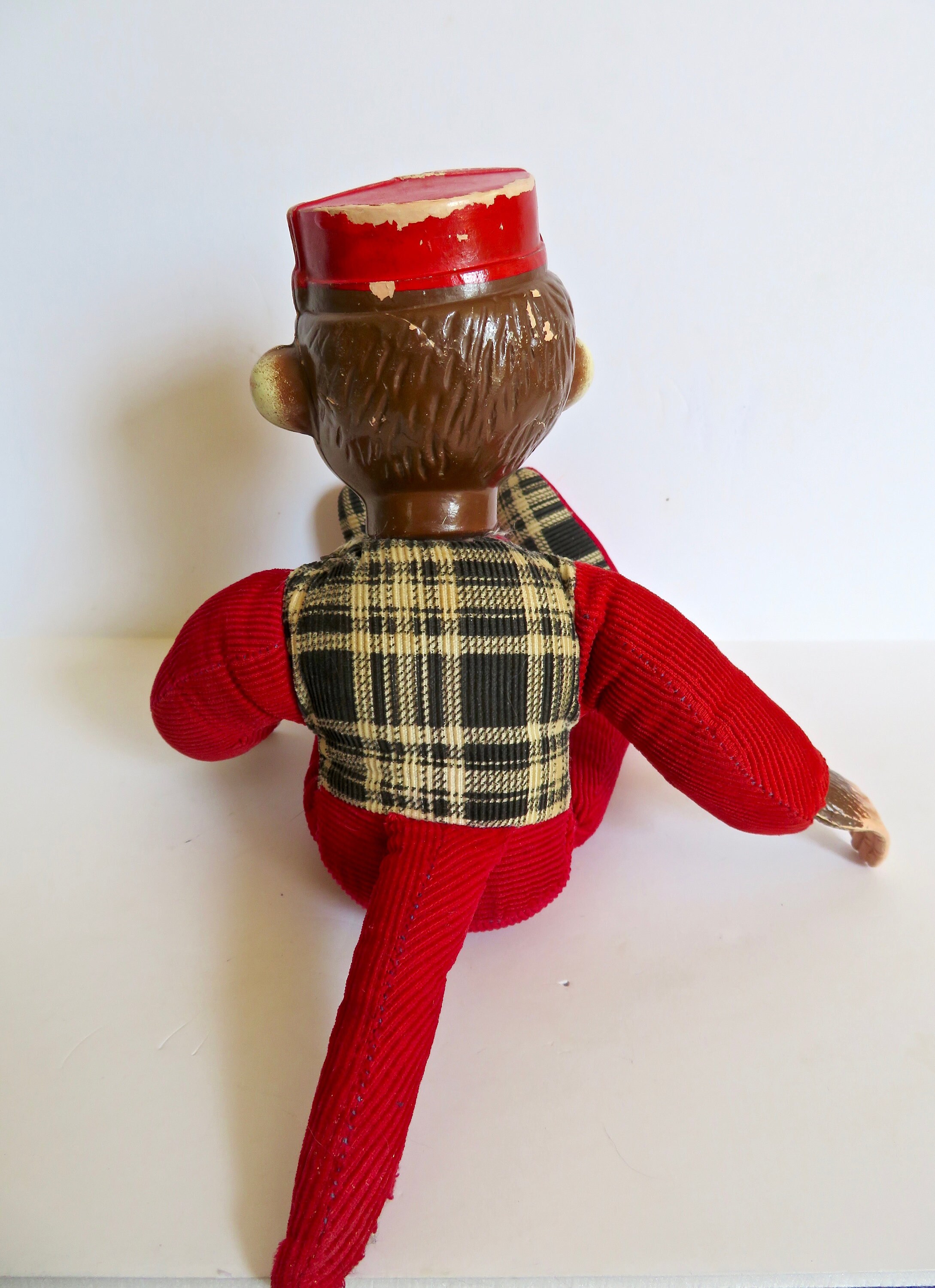 Vintage 30s 40s Bellhop Monkey Toy in Corduroy with Celluloid Plastic Face Soft Body Vintage Buttons Organ Grinder Stuffed Animal Plush