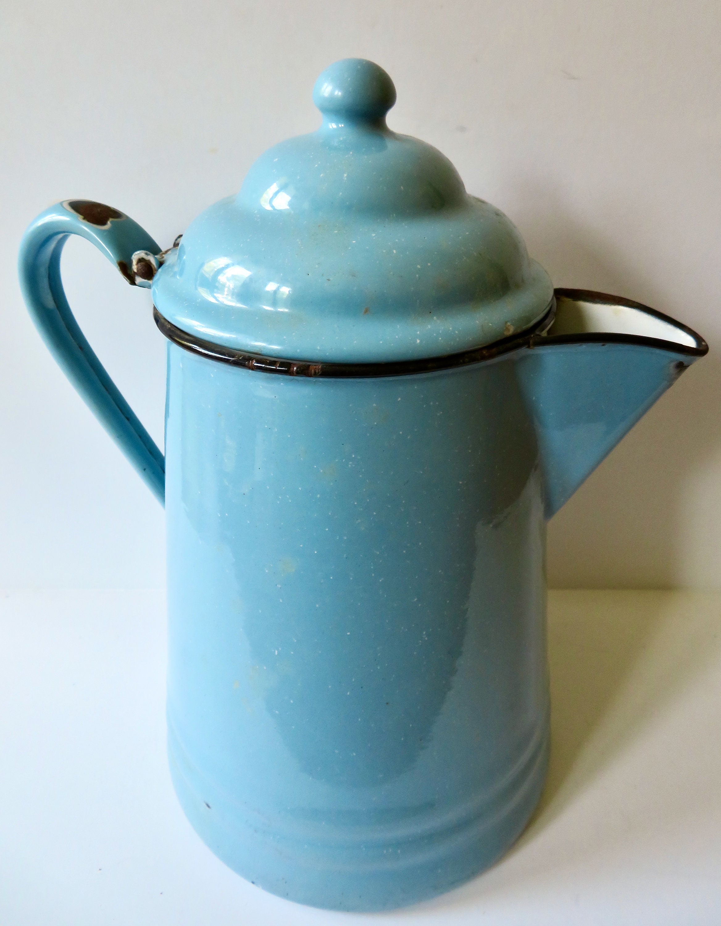 Vintage Small Blue Enamel Granite Ware Coffee Pot Speckled With White