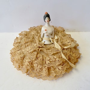 Vintage Antique 20s 30s Half Doll Powder Puff Pincushion Jazz Age Flapper Girl Lady Bisque China Art Deco Poss. German Vanity Decoration