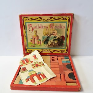 Vintage Antique 1910s Made in Germany Wooden Blocks Toy Set - German Painted Wood Building Bricks Town City - Buildings Original Wooden Box
