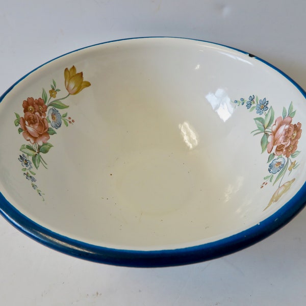Vintage Rose Floral Decal White Enamelware Enamel Ware Small 6" Bowl - Blue Band on Rim - Shabby Farmhouse Cottage Kitchen Decor - Breakfast