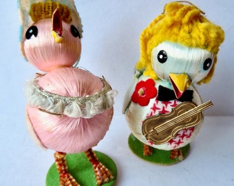 Vintage 50s 60s Made in Japan Satin Ball Easter Chick Chicken Figurines Violin - Kitsch Kitschy Retro Easter Mid Century Decoration Decor