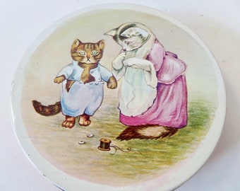 Vintage Beatrix Potter Tom Kitten English litho Printed Metal Biscuit Tin Made in England - Mother & Baby Boy Cat Storage Container Cottage