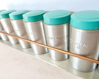 Vintage 50s 60s Mid Century Heller Hostess Ware Made in Italy Spice Jars in Aqua and Silver Spun Aluminum Set of 8 w Metal Spice Rack Stand