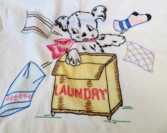 Vintage 1940s 1950s Completed Color Tinted & Embroidered Vogart Laundry Bag - Puppy Dog - Animal Embroidery - Laundry Room Decor Finished