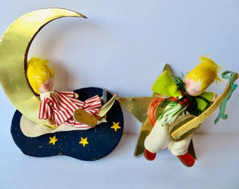 Vintage 50s 60s Pair of Stockinette Doll Crescent Moon and Star Pin Ups Made in Japan Nursery Wall Decoration Decor Baby Child Room Wall Art
