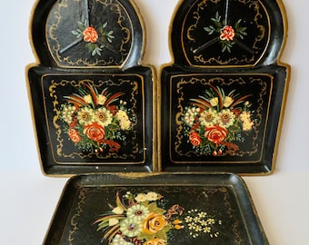 Vintage 50s 60s Set of 3 Small Paper Mache Snack Trays - Hand Painted Floral Tole Print Made in Japan Kitchen Party Appetizer Alcohol Proof