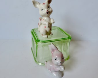 Vintage 50s 60s Japan Pair Set of Kitschy Mismatched Bunny Rabbit Figurines - Anthropomorphic Kitschy Ceramic Figurine Figural Novelty