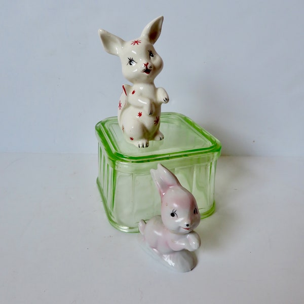 Vintage 50s 60s Japan Pair Set of Kitschy Mismatched Bunny Rabbit Figurines - Anthropomorphic Kitschy Ceramic Figurine Figural Novelty