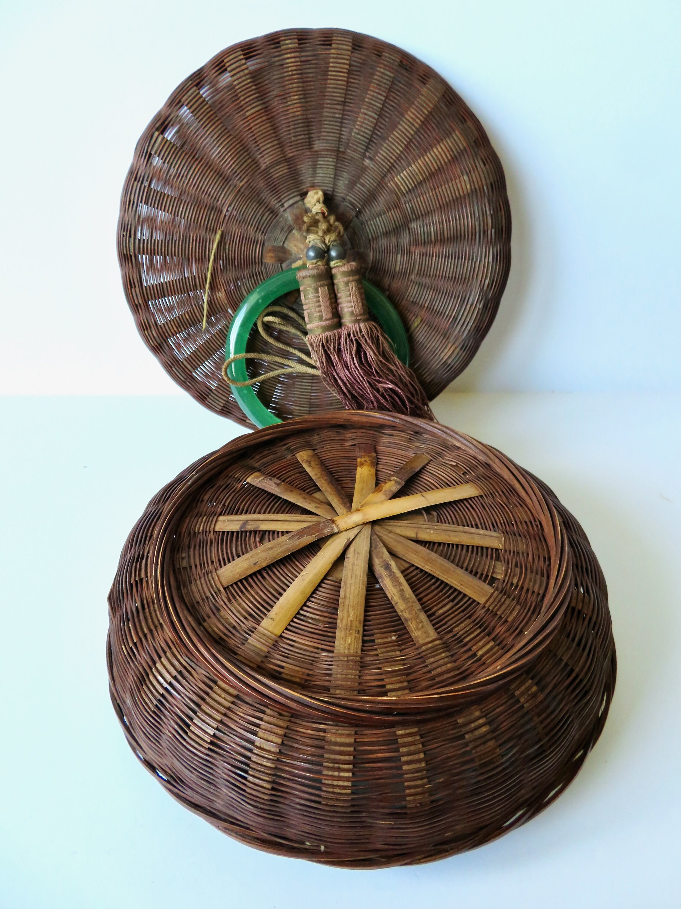 Antique Chinese Sewing Baskets Wicker Lot 8 Unusual Woven Lid