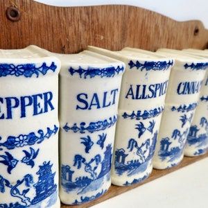 Vintage 40s 50s Japan Blue Willow Ceramic Spice Jar Shaker Set w Wooden Shelf Wood Wall Hung Book Spices Rack Blue White Farmhouse Kitchen image 9