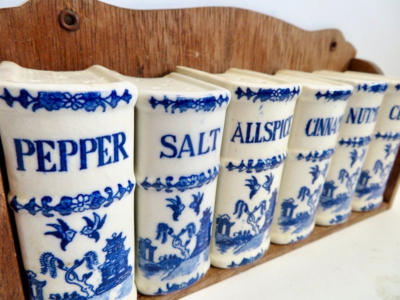 Vintage 40s 50s Japan Blue Willow Ceramic Spice Jar Shaker Set w Wooden Shelf Wood Wall Hung Book Spices Rack Blue White Farmhouse Kitchen image 9