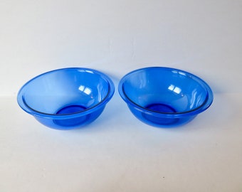 Vintage Pyrex Originals Cobalt Blue Glass Flanged Top Baking Mixing Bowls - Set Lot of 2 - 8 1/2" Diameter 323 1.5 Liter