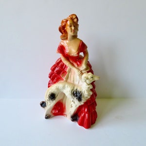 Vintage 30s 40s Chalk Ware Chalkware Glamour Girl Woman in Gown w Greyhound Dog Carnival Prize Kitsch 11" Tall Lady Figurine Statue Souvenir