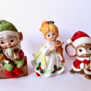 Vintage 60s 70s Lot Set of 3 Mixed Homco Christmas Ceramic China Figurines - Pixie Elf Gnome Toymaker - Violin Angel - Santa Claus Mouse