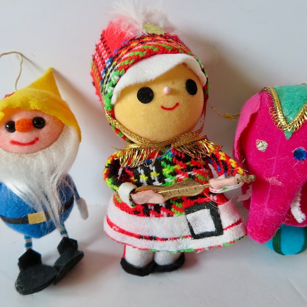 Vintage 50s 60s Lot of 3 Christmas Tree Ornaments Made Japan Decorations Mod Elf Pixie Marching Band Plaid Kid Circus Elephant Kitschy MCM