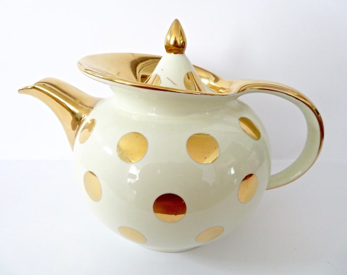 Vintage 50s 60s Hall's Hall China Art Pottery 0698GL Teapot Tea Pot in Cream White Metallic Gold