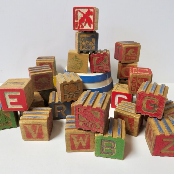 Vintage Mid Century Set of 29 Wood Wooden Toy Alphabet Blocks incl. Disney - Educational Toy - Letters Pictures - Stacking - Nursery Decor