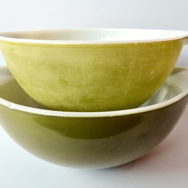 Vintage AS IS  60s 70s Mid Century Set of 2 Two Large Pyrex Verde Avocado Green Cinderella Bowls - Solid - 442 443 Olive Lime Nesting Mixing