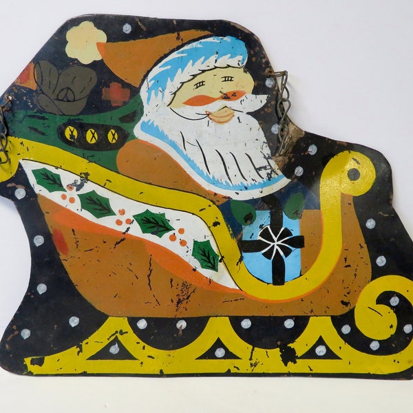 Wonderful Vintage 50s 60s Hanging Metal Sign Christmas Decoration Ornament - Santa Claus in Sleigh - Folkloric Painted Door Hanger Folk Art
