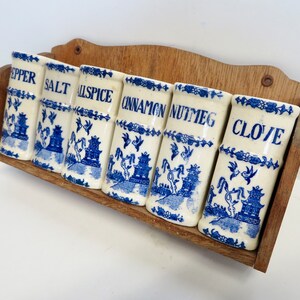 Vintage 40s 50s Japan Blue Willow Ceramic Spice Jar Shaker Set w Wooden Shelf Wood Wall Hung Book Spices Rack Blue White Farmhouse Kitchen image 2