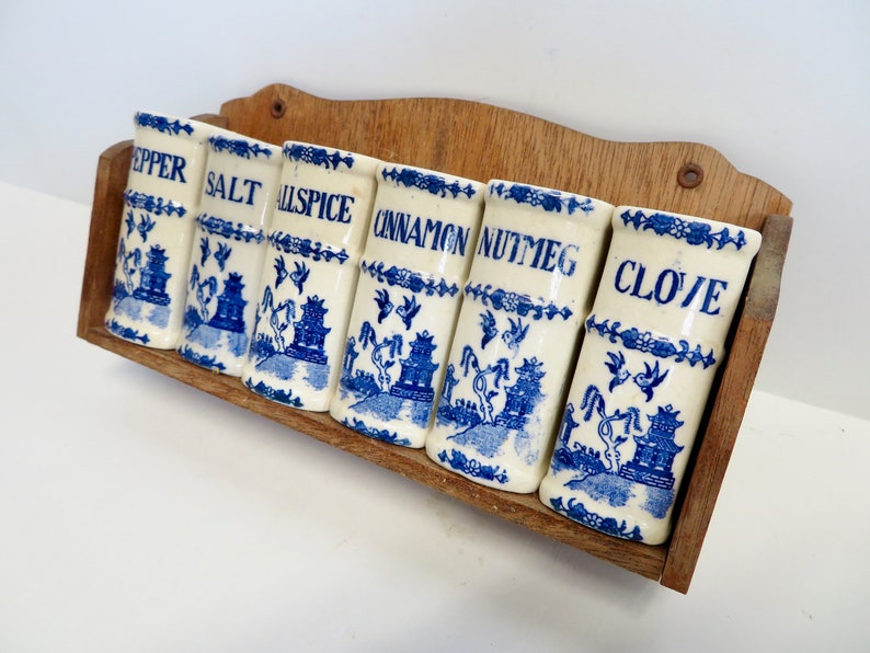 Vintage 40s 50s Japan Blue Willow Ceramic Spice Jar Shaker Set w Wooden Shelf Wood Wall Hung Book Spices Rack Blue White Farmhouse Kitchen image 2