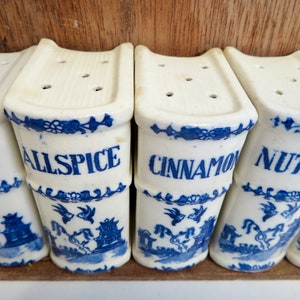 Vintage 40s 50s Japan Blue Willow Ceramic Spice Jar Shaker Set w Wooden Shelf Wood Wall Hung Book Spices Rack Blue White Farmhouse Kitchen image 6