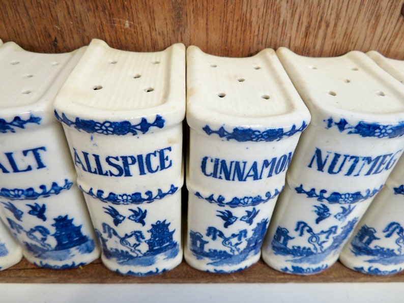 Vintage 40s 50s Japan Blue Willow Ceramic Spice Jar Shaker Set w Wooden Shelf Wood Wall Hung Book Spices Rack Blue White Farmhouse Kitchen image 6