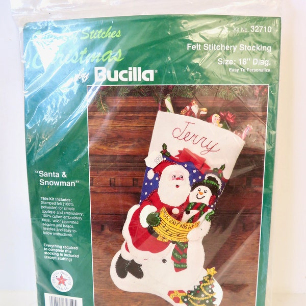 Vintage Retro NIP Bucilla Unopened Felt Jeweled Christmas Stocking Pattern Kit - Santa Claus & Snowman Needlecraft Sewing Craft 32710