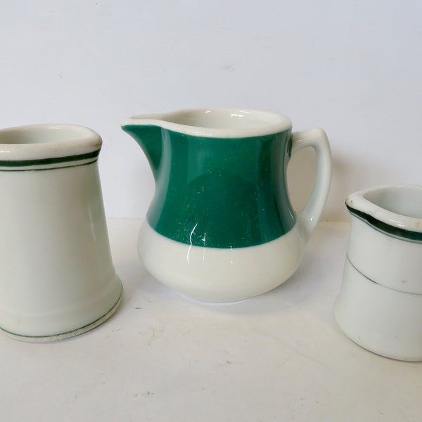 Vintage Jackson and Made in Japan China Restaurant Ware Set of 3 Three Green White Small Side Pitchers Syrup Cream Creamers Striped Banded