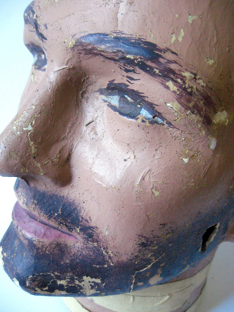 Vintage Plaster Mannequin Head Millinery Bust 1950s 50s Man Male Beard Dark Hair Hat Chapeau Display Mid Century Paper Mache Masculine