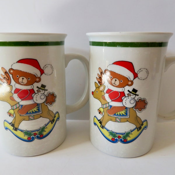 Vintage 80s 90s Pair of 2 Mikasa Teddy's Rocker Christmas Coffee Tea Mugs Teddy Bear Rocking Horse Cottage Core Kitchen Decoration Ornament