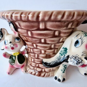 Vintage 50s 60s Japan Anthropomorphic Bunny Rabbit and Hound Dog Basket Ceramic Planter - Retro Figural Vase  - Kitschy Decoration Decor