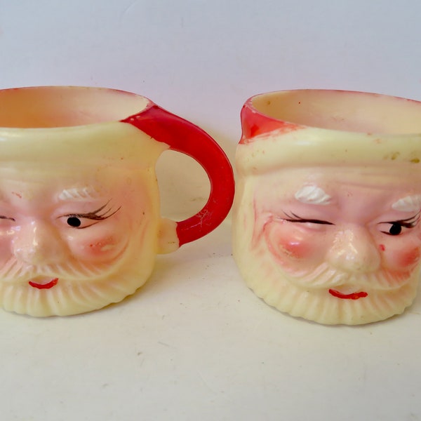 Vintage 60s Set of 2 Two Pair Winking Santa Claus Face Miniature Hard Plastic Mugs Hong Kong Mid Century Christmas Decoration Mug Ornament