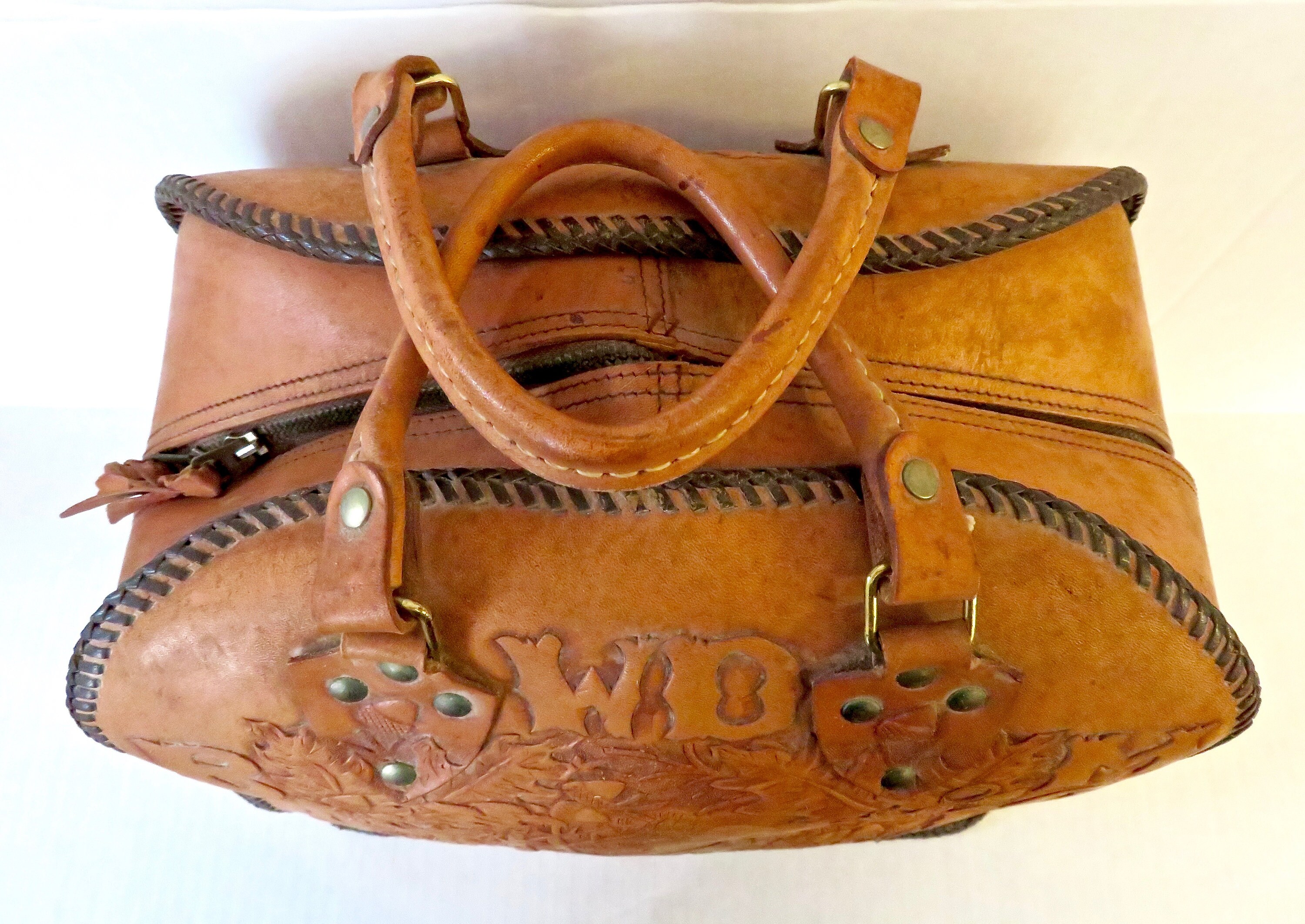 Vintage 50s 60s Handmade Hand Tooled Leather Bowling Ball Bag Etsy