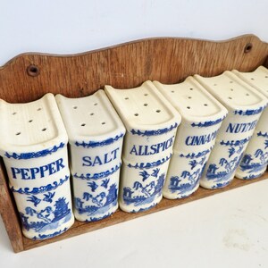 Vintage 40s 50s Japan Blue Willow Ceramic Spice Jar Shaker Set w Wooden Shelf Wood Wall Hung Book Spices Rack Blue White Farmhouse Kitchen image 4