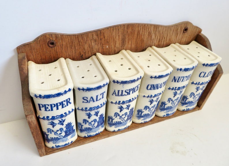 Vintage 40s 50s Japan Blue Willow Ceramic Spice Jar Shaker Set w Wooden Shelf Wood Wall Hung Book Spices Rack Blue White Farmhouse Kitchen image 4