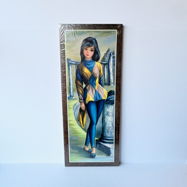 Maio Big Eye Girls Jumbo 25 X 10 Harlequin Moppet Litho Lithograph 1960s 60s Cork Corkboard Faux Framed Kitschy Kitsch AAK NY  Plastic Wrap