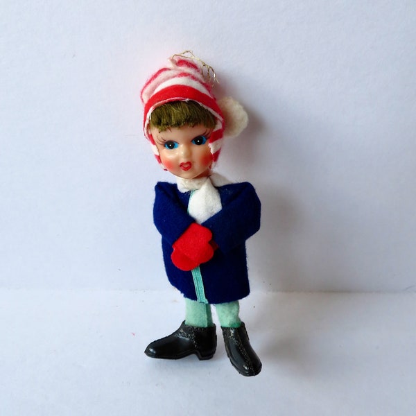 Vintage 60s 1960s Plastic & Felt Caroling Boy Doll Christmas Tree Ornament - Posable - Made in Japan -  Mod Coat Beatle Boots