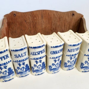 Vintage 40s 50s Japan Blue Willow Ceramic Spice Jar Shaker Set w Wooden Shelf Wood Wall Hung Book Spices Rack Blue White Farmhouse Kitchen image 7