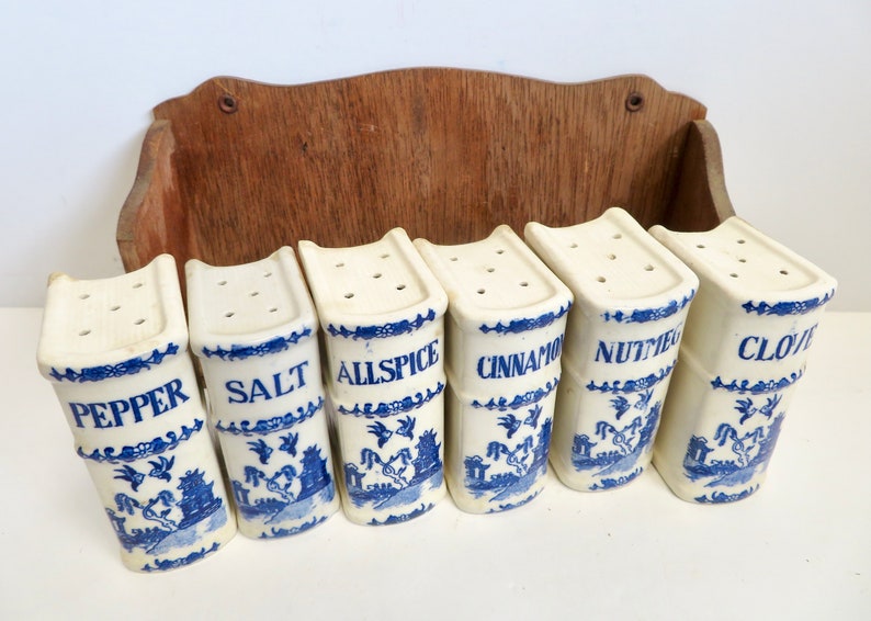 Vintage 40s 50s Japan Blue Willow Ceramic Spice Jar Shaker Set w Wooden Shelf Wood Wall Hung Book Spices Rack Blue White Farmhouse Kitchen image 7