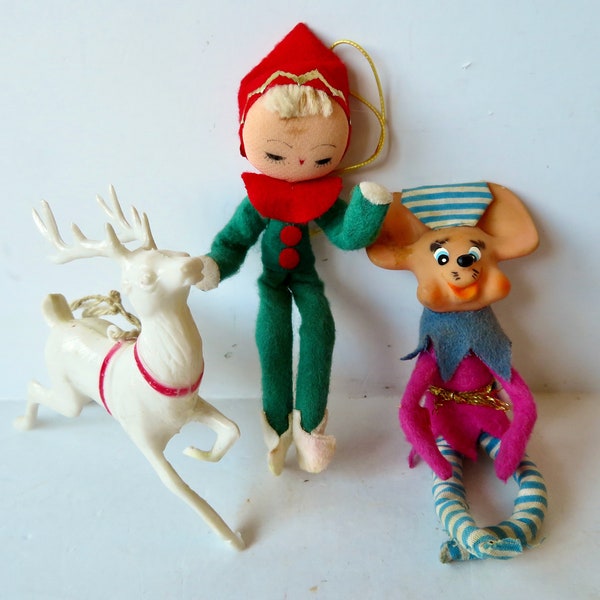 Vintage 1960s 60s Lot of 3 Christmas Tree Ornaments Made in Japan Decorations Elf Pixie Shelf Sitter Bendy Mouse Plastic White Reindeer MOD!