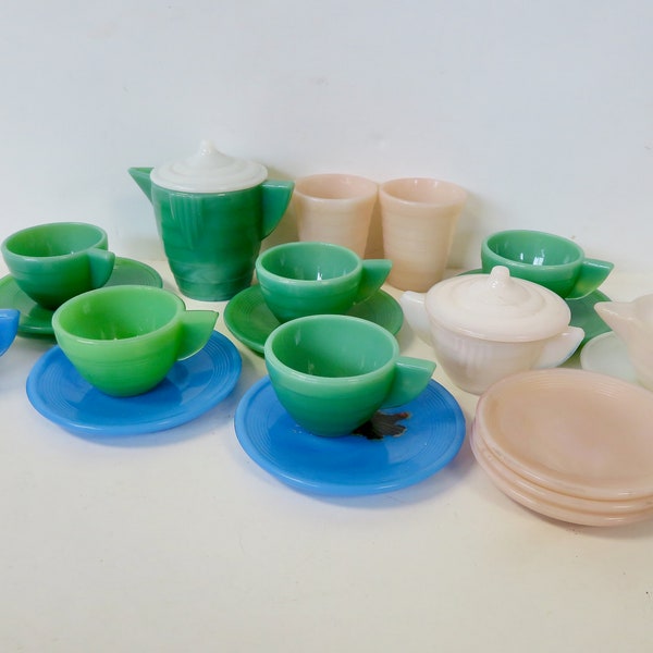 Vintage 30s 40s Large 22 pc Lot of Akro Agate Miniature Toy Tea Set Dishes Saucers Cups Art Deco Childs Play Jadeite Green Blue Pink White