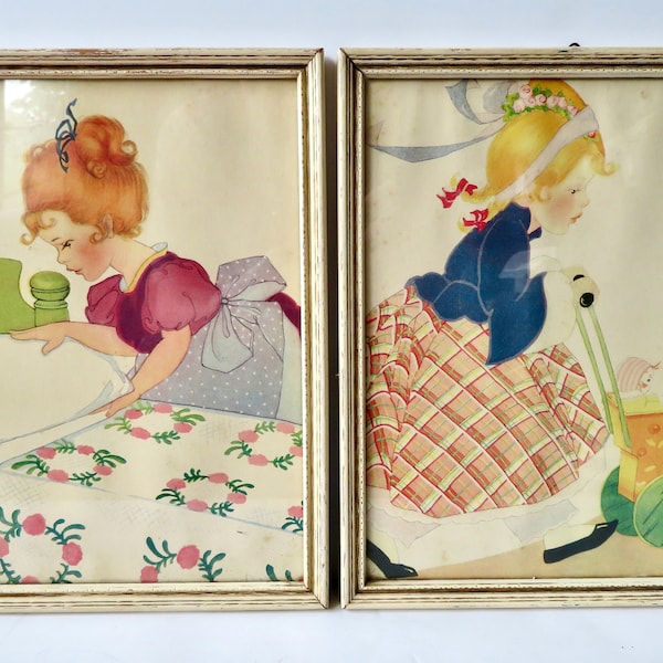 Vintage 40s 50s Set Pair of Two Framed Watercolor Illustration Storybook Picture Prints - Girls Playing - Nursery Baby Childs Room Decor