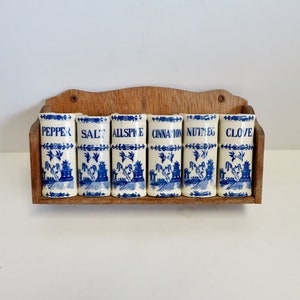 Vintage 40s 50s Japan Blue Willow Ceramic Spice Jar Shaker Set w Wooden Shelf Wood Wall Hung Book Spices Rack Blue White Farmhouse Kitchen image 3