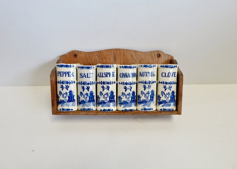 Vintage 40s 50s Japan Blue Willow Ceramic Spice Jar Shaker Set w Wooden Shelf Wood Wall Hung Book Spices Rack Blue White Farmhouse Kitchen image 3