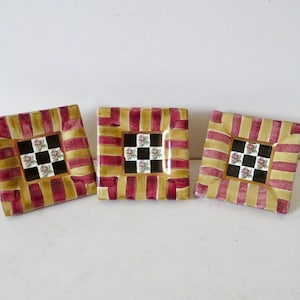 Vintage MacKenzie Childs Ceramic Torquay Frank Mustard Knob - Hand Painted Large Drawer or Cabinet Pull - Striped Rose Floral