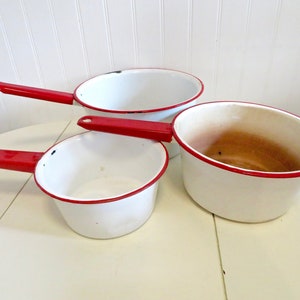 Vintage Enamel White Red Trim Pots Pans Set 3 Farmhouse Style