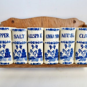 Vintage 40s 50s Japan Blue Willow Ceramic Spice Jar Shaker Set w Wooden Shelf Wood Wall Hung Book Spices Rack Blue White Farmhouse Kitchen image 1